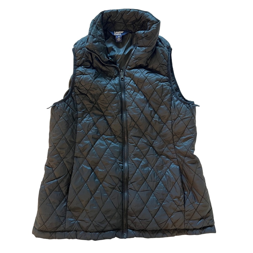 Lands End Quilted Puffer Vest Black‎ Full Zip Stand Collar Women Medium